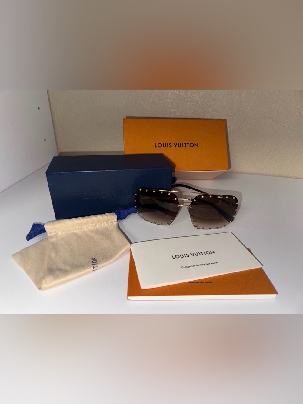 Louis Vuitton Oversized Rimless Studded Sunglasses Brown Gradient Gold Tone